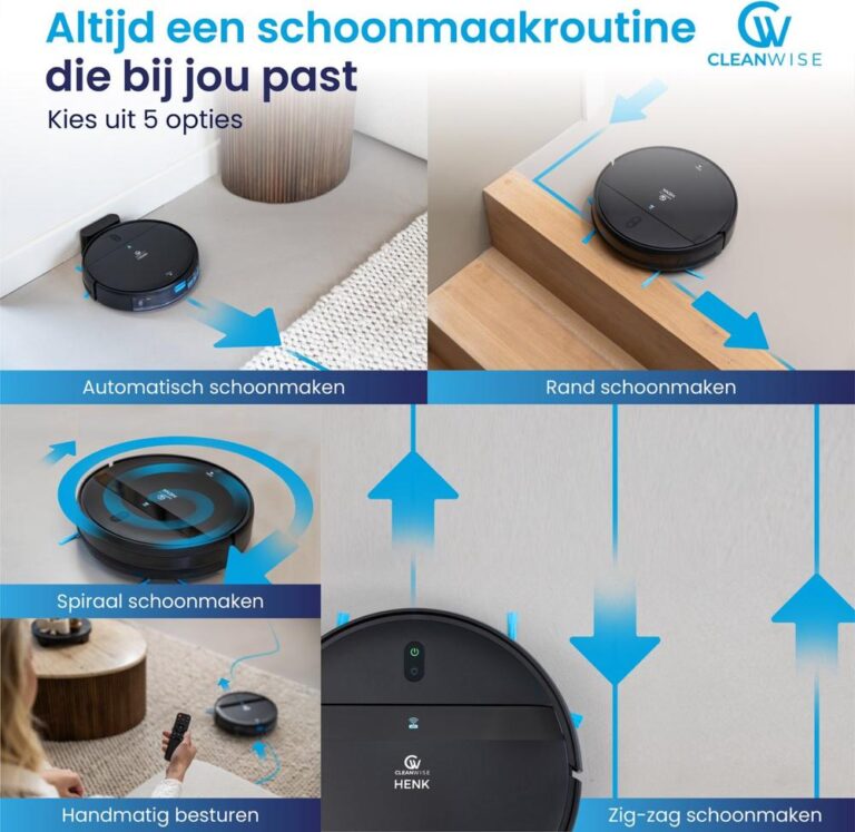 Afbeelding van een robotstofzuiger met diverse schoonmaakopties, waaronder automatisch, rand, spiraal, handmatig en zig-zag. De robot is gepositioneerd in een moderne woonomgeving, met voorbeelden van de verschillende schoonmaakinstellingen geïllustreerd.