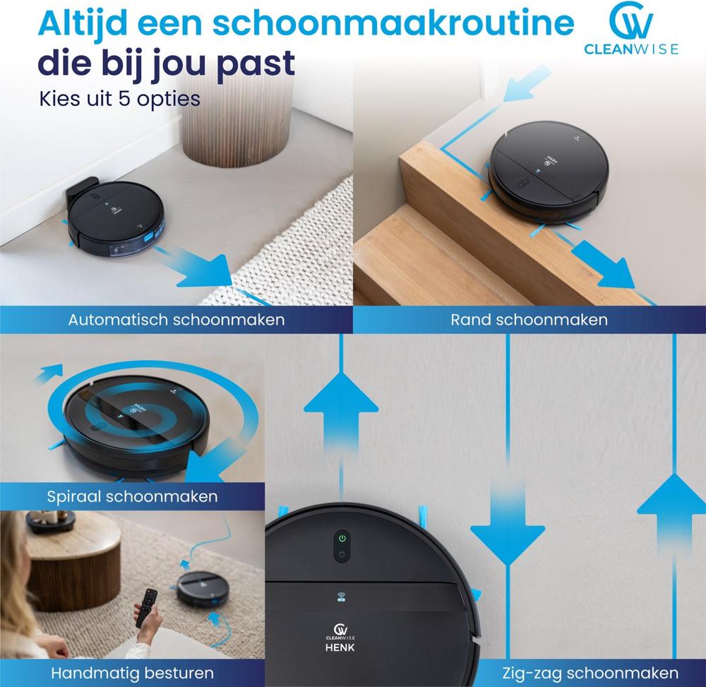 Afbeelding van een robotstofzuiger met diverse schoonmaakopties, waaronder automatisch, rand, spiraal, handmatig en zig-zag. De robot is gepositioneerd in een moderne woonomgeving, met voorbeelden van de verschillende schoonmaakinstellingen geïllustreerd.