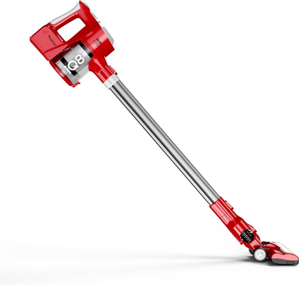 Rode steelstofzuiger met een smalle mondstuk, gericht naar beneden. De stofzuiger heeft een modern ontwerp en is ontworpen voor gebruiksgemak en efficiëntie.