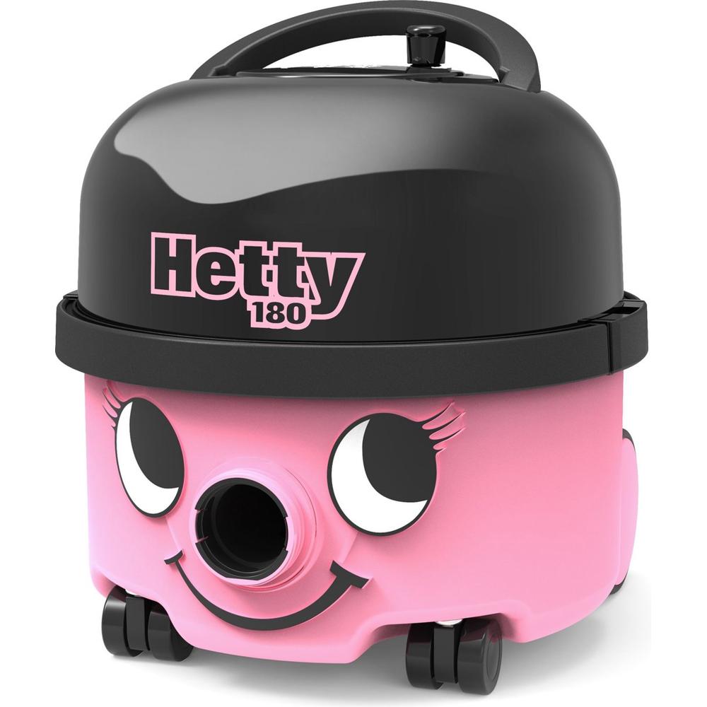 Een roze stofzuiger met een glimlachend gezicht en grote ogen, gemarkeerd met de naam "Hetty 180" op de bovenkant. De stofzuiger heeft een zwart bovenste gedeelte en is voorzien van een handvat voor eenvoudig dragen.