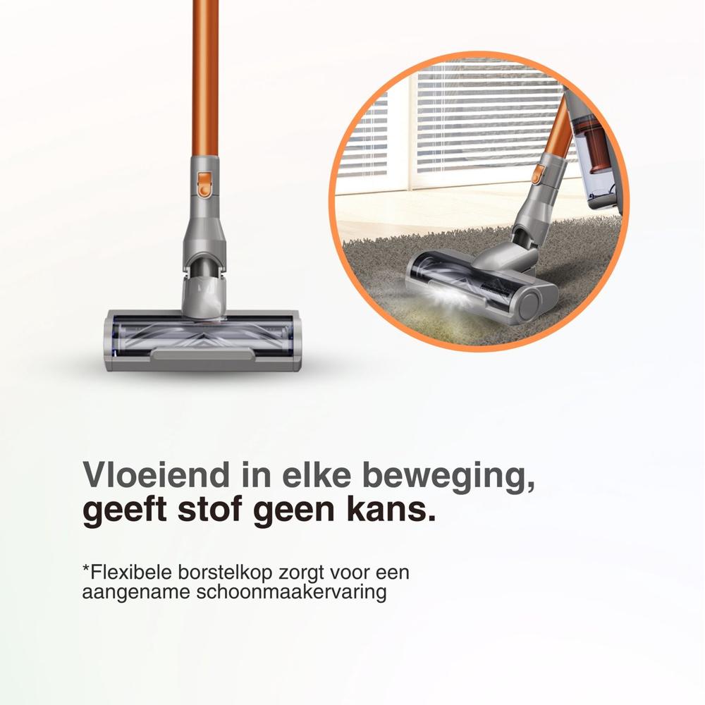 Afbeelding van een stofzuiger met een flexibele borstelkop, ontworpen voor een effectieve schoonmaakervaring. De tekst benadrukt de soepelheid van de stofzuiger tijdens het gebruik en zijn effectiviteit tegen stof.