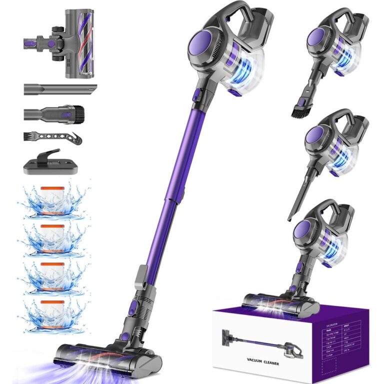 Afbeelding van een veelzijdige stofzuiger met een paarse steel en verschillende accessoires, waaronder een borstel en een kierenzuiger. De verpakking toont ook de stofzuiger met een moderne uitstraling en een ontwerp dat geschikt is voor zowel hardvloeren als tapijt.
