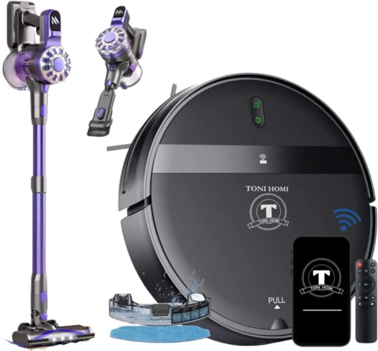 Afbeelding van een stofzuiger set, bestaande uit een verticale stofzuiger met een paars ontwerp en een robotstofzuiger met een zwart lichaam. De afbeelding toont ook een afstandsbediening en een smartphone, wat wijst op de slimme functionaliteit van de apparaten.