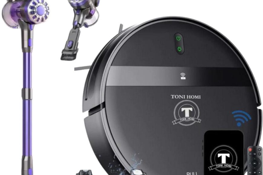 Afbeelding van een stofzuiger set, bestaande uit een verticale stofzuiger met een paars ontwerp en een robotstofzuiger met een zwart lichaam. De afbeelding toont ook een afstandsbediening en een smartphone, wat wijst op de slimme functionaliteit van de apparaten.