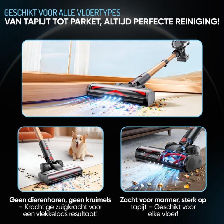 Afbeelding van een veelzijdige stofzuiger die geschikt is voor verschillende vloertypen, van tapijt tot parket. De stofzuiger wordt gepresenteerd met decoratieve schilfers op de vloer en een hond in de nabijheid, wat de kracht en effectiviteit van het apparaat benadrukt.