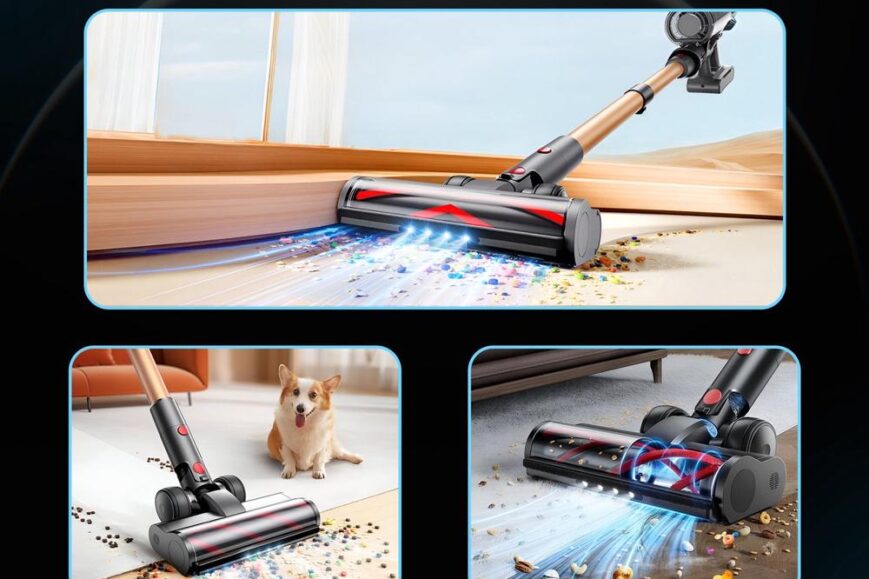 Afbeelding van een veelzijdige stofzuiger die geschikt is voor verschillende vloertypen, van tapijt tot parket. De stofzuiger wordt gepresenteerd met decoratieve schilfers op de vloer en een hond in de nabijheid, wat de kracht en effectiviteit van het apparaat benadrukt.