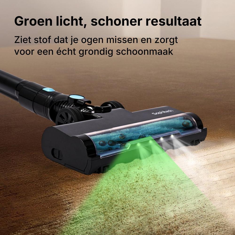 Afbeelding van een stofzuigerkop die groen licht uitstraalt op een vloerbedekking, wat zichtbaar stof en vuil onthult dat normaal niet opgemerkt zou worden. De tekst boven de afbeelding benadrukt de effectiviteit van de stofzuiger voor een grondige schoonmaakervaring.