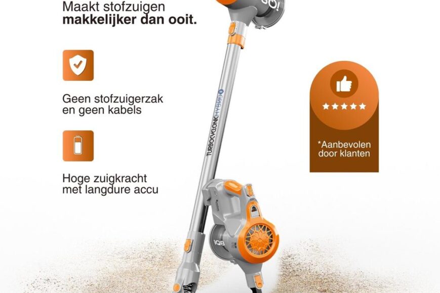 Afbeelding van een TurboTronic stofzuiger met een modern design, die zonder zak en kabels werkt. De stofzuiger is gepresenteerd met korte tekstoverzichten over zijn functies, waaronder hoge zuigkracht en een lange accu.