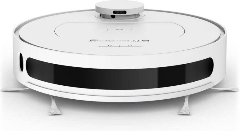 Een wit ronde robotstofzuiger met een zwart accent en twee zijborstels aan de onderkant. De stofzuiger heeft een moderne uitstraling en is ontworpen voor efficiënte reiniging van vloeren.