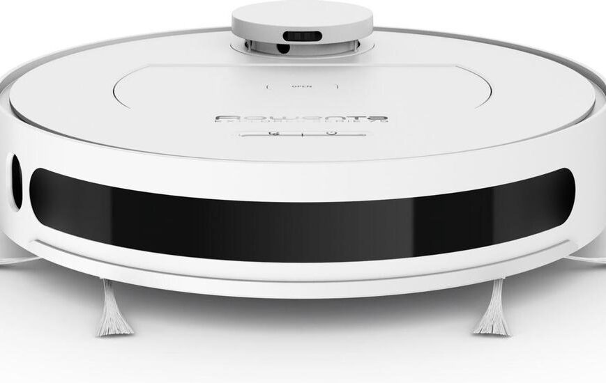 Een wit ronde robotstofzuiger met een zwart accent en twee zijborstels aan de onderkant. De stofzuiger heeft een moderne uitstraling en is ontworpen voor efficiënte reiniging van vloeren.