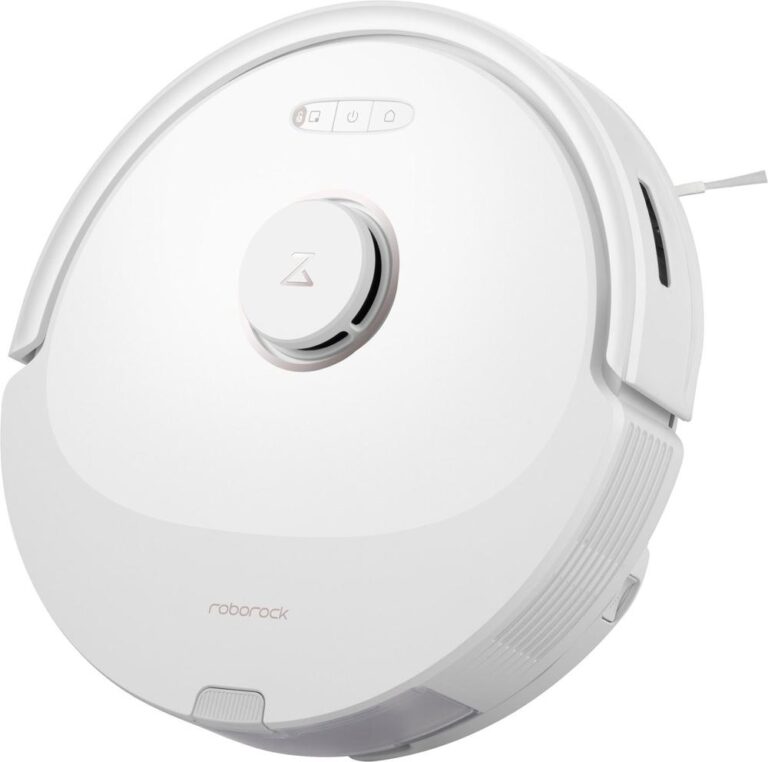 Een witte robotstofzuiger met een modern, rond ontwerp en een centrale bedieningseenheid. De stofzuiger is uitgerust met een oplader en toont een strak, minimalistisch uiterlijk dat geschikt is voor moderne huishoudens.