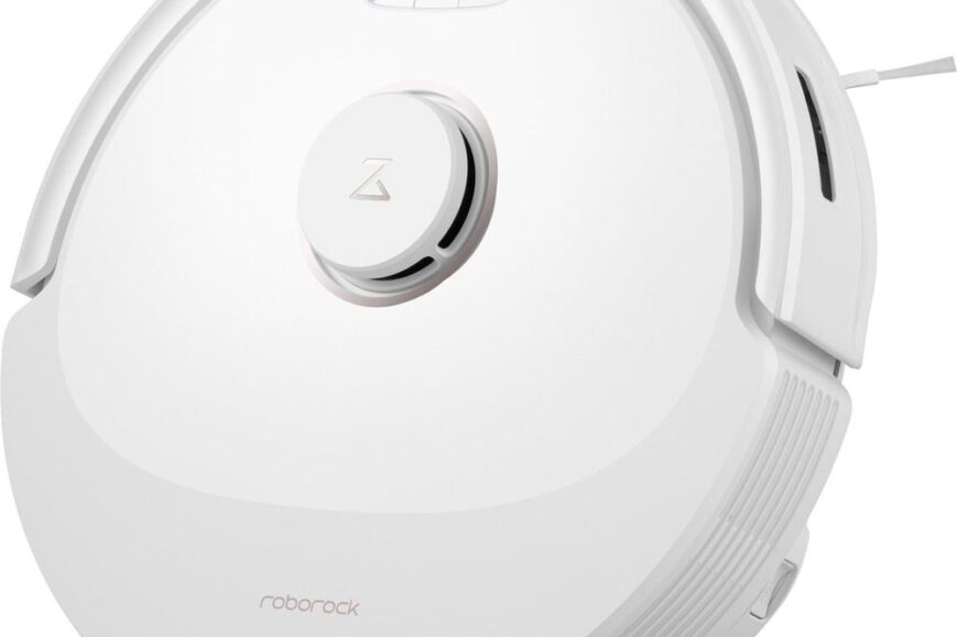 Een witte robotstofzuiger met een modern, rond ontwerp en een centrale bedieningseenheid. De stofzuiger is uitgerust met een oplader en toont een strak, minimalistisch uiterlijk dat geschikt is voor moderne huishoudens.