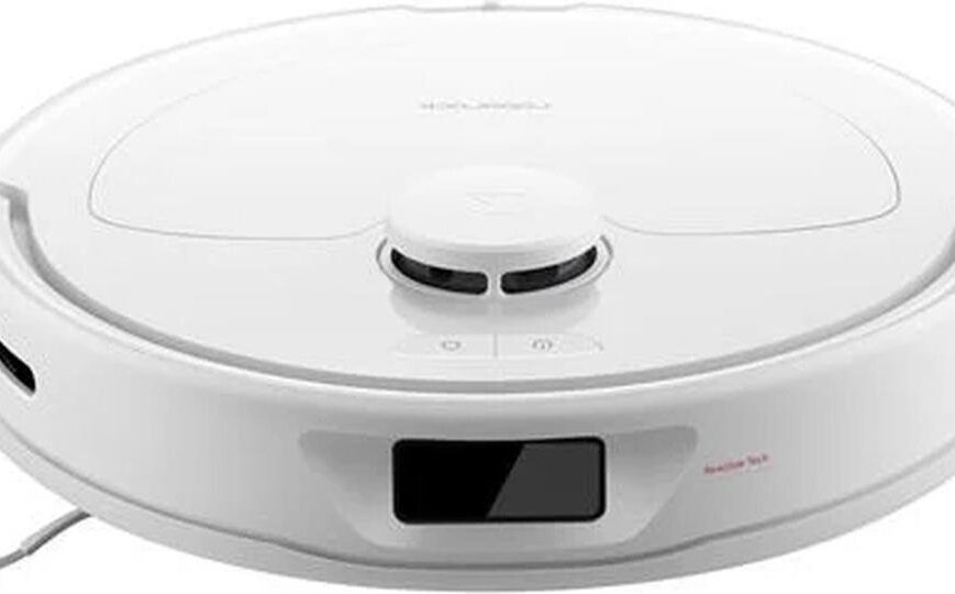 Witte robotstofzuiger met een ronde vorm en een bedieningspaneel aan de voorkant. De stofzuiger is ontworpen voor efficiënt reinigen van vloeren en beschikt over slimme technologie.