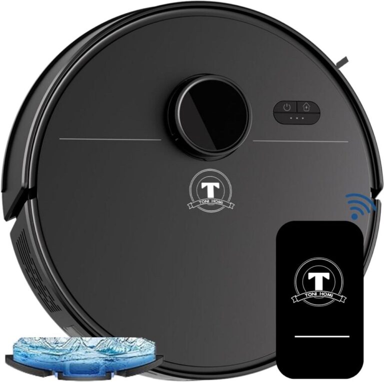 Zwarte robotstofzuiger met een ronde vorm, uitgerust met een aan/uit-knop en indicatorlampjes bovenop. Gecombineerd met een blauwe, ronde dweil en een smartphone-interface voor draadloze bediening.