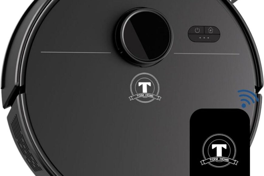 Zwarte robotstofzuiger met een ronde vorm, uitgerust met een aan/uit-knop en indicatorlampjes bovenop. Gecombineerd met een blauwe, ronde dweil en een smartphone-interface voor draadloze bediening.