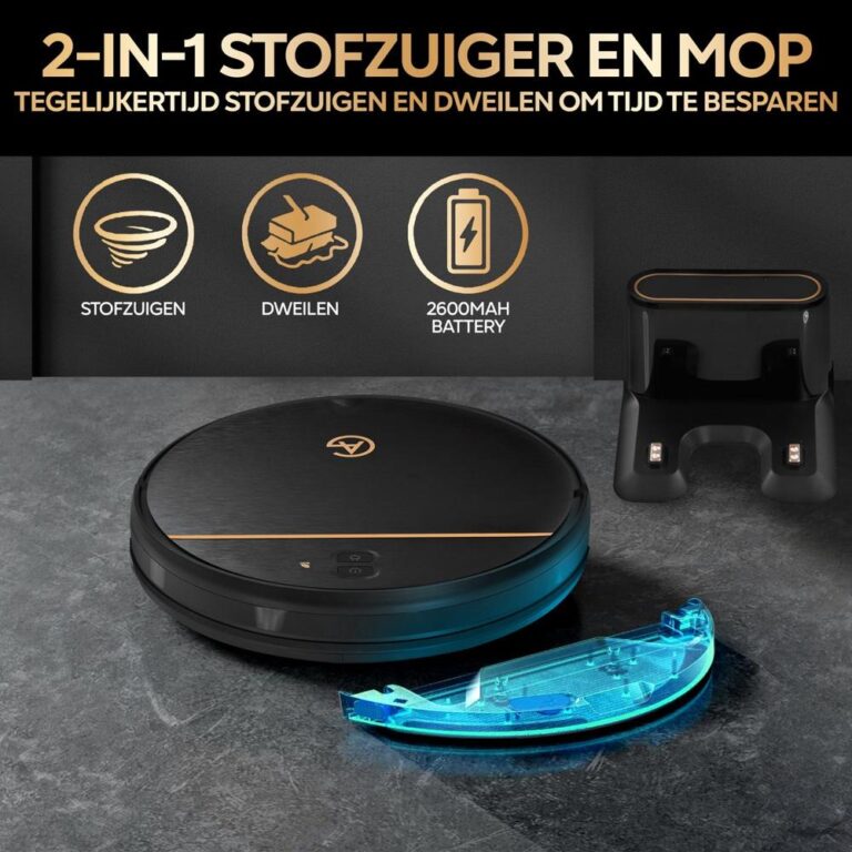 Afbeelding van een 2-in-1 robotstofzuiger en mop, uitgerust met een oplaadstation. De stofzuiger heeft een zwarte afwerking en toont de functies voor stofzuigen en dweilen, evenals de specificatie van een 2600mAh batterij.