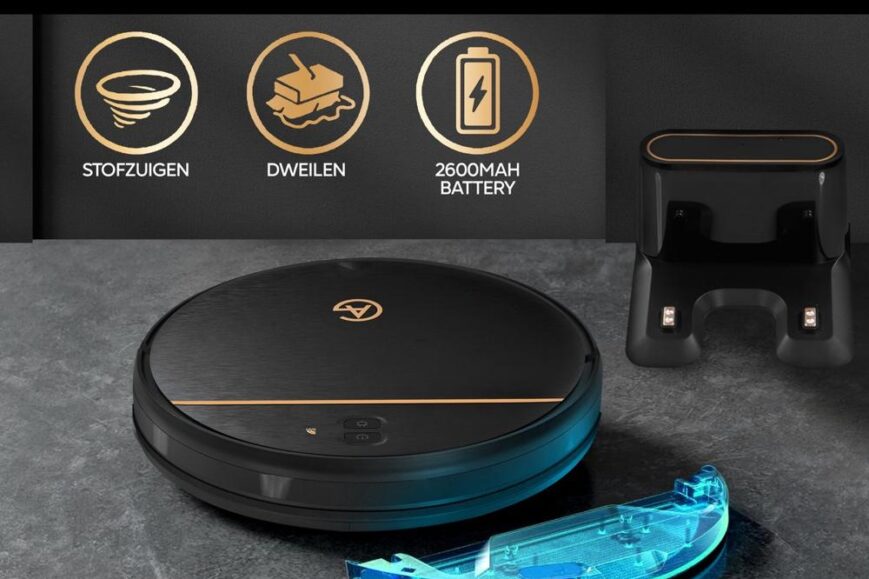 Afbeelding van een 2-in-1 robotstofzuiger en mop, uitgerust met een oplaadstation. De stofzuiger heeft een zwarte afwerking en toont de functies voor stofzuigen en dweilen, evenals de specificatie van een 2600mAh batterij.