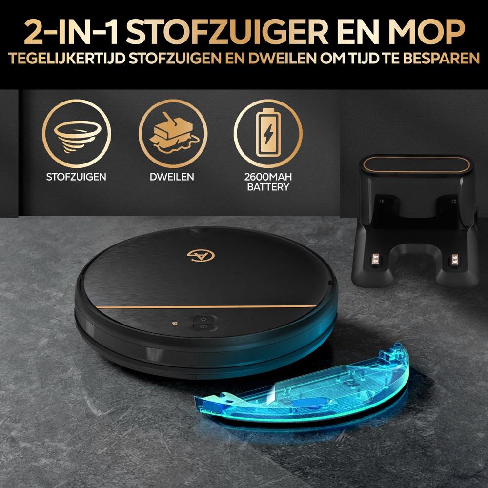 Afbeelding van een 2-in-1 robotstofzuiger en mop, uitgerust met een oplaadstation. De stofzuiger heeft een zwarte afwerking en toont de functies voor stofzuigen en dweilen, evenals de specificatie van een 2600mAh batterij.