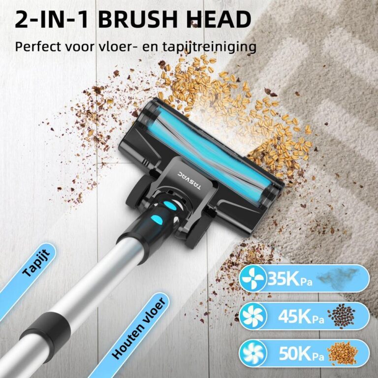 Afbeelding van een 2-in-1 stofzuigerborstelkop, geschikt voor zowel vloer- als tapijtreiniging. De borstelkop ligt op een vloer met zichtbare vlekken van vuil en kruimels, met aanduidingen voor verschillende zuigkrachtinstellingen.