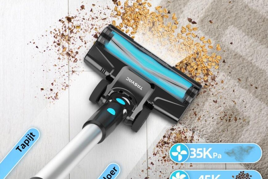 Afbeelding van een 2-in-1 stofzuigerborstelkop, geschikt voor zowel vloer- als tapijtreiniging. De borstelkop ligt op een vloer met zichtbare vlekken van vuil en kruimels, met aanduidingen voor verschillende zuigkrachtinstellingen.