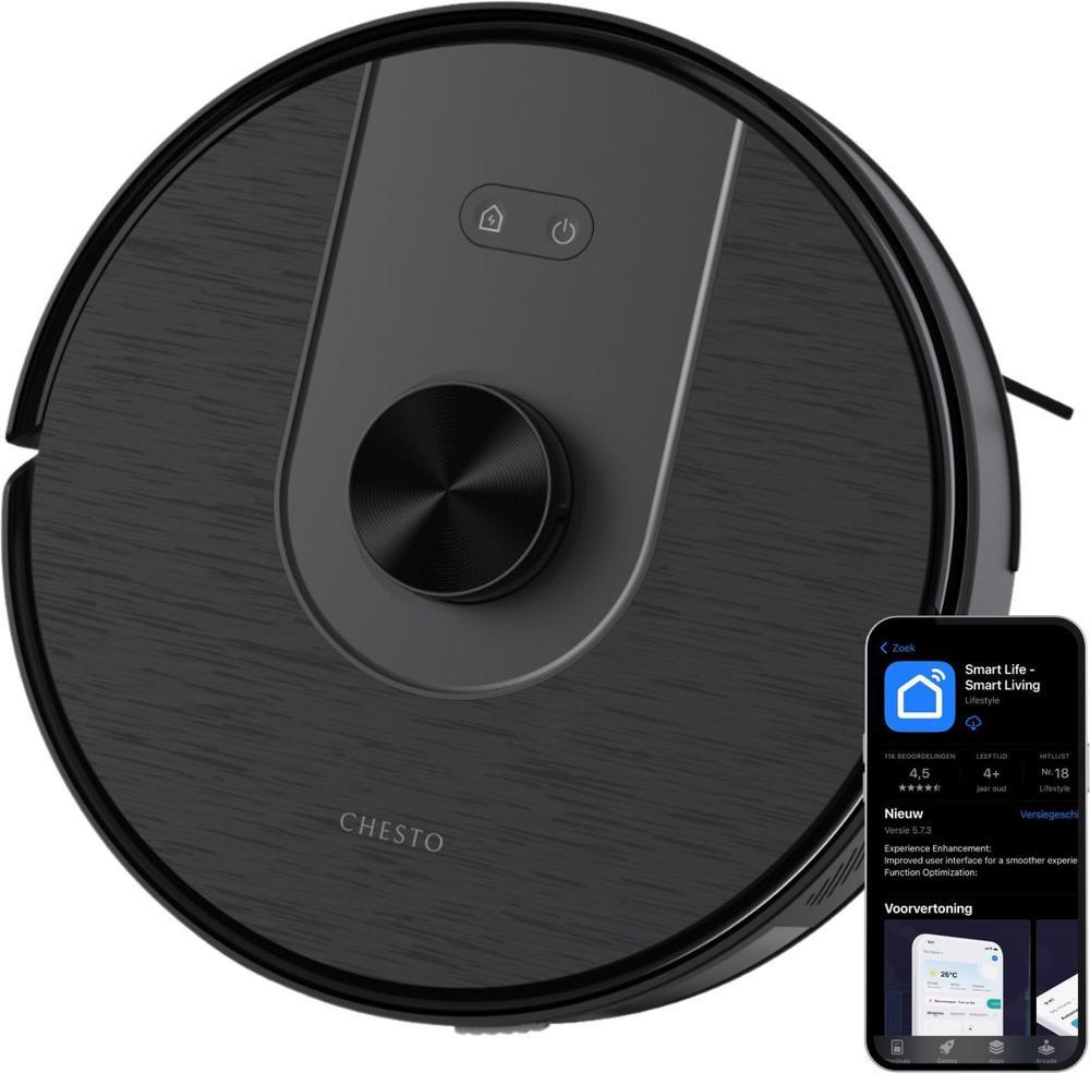 Afbeelding van een Chesto slimme stofzuiger, voorzien van een ronde, zwarte behuizing en bedieningsknoppen aan de bovenkant. Naast de stofzuiger bevindt zich een smartphone met een app-interface die informatie toont over de gebruikservaring en beoordelingen.