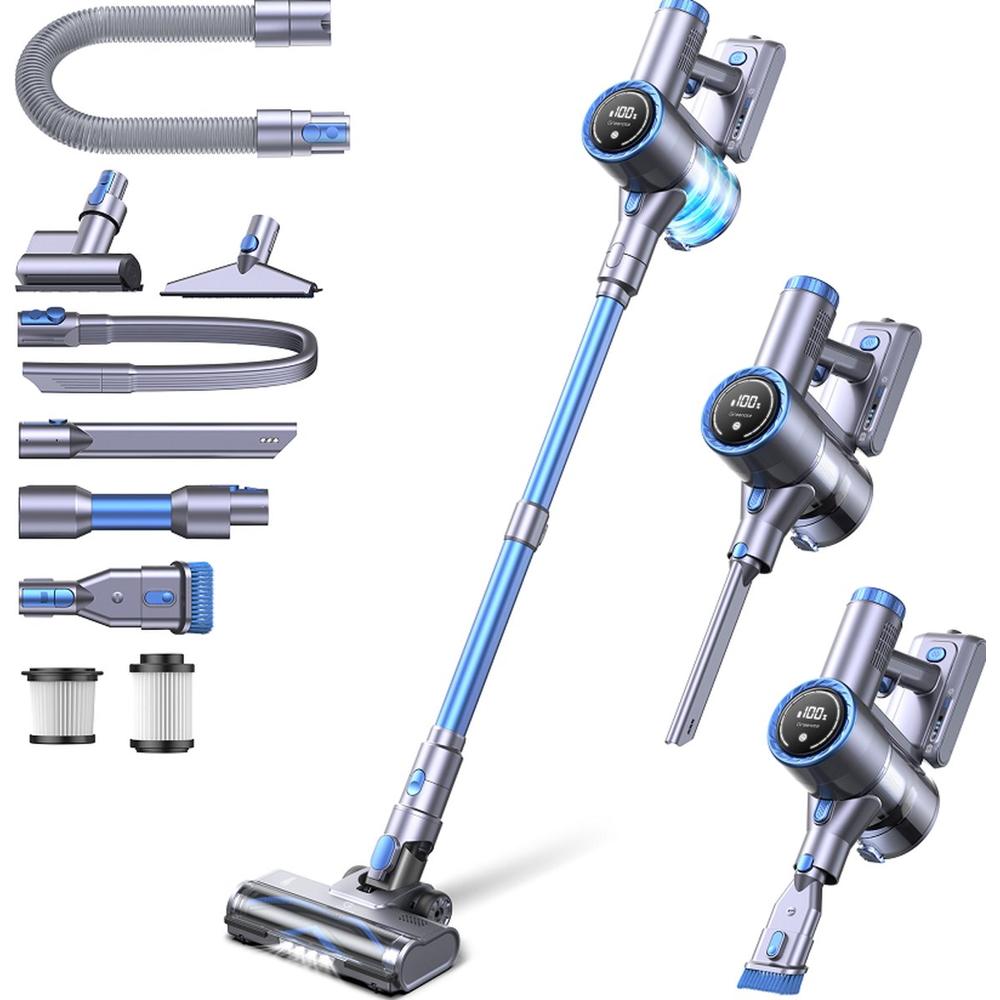 Draadloze stofzuiger met verschillende accessoires zoals een vloerborstel, sleufmondstuk en zuigbuis, allemaal in een moderne zilveren en blauwe kleur. De stofzuiger toont een digitaal display dat de batterijstatus aangeeft, wat handig is voor efficiënt gebruik.
