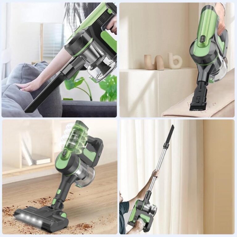 Afbeelding van een veelzijdige draadloze stofzuiger in gebruik, met een focus op het schoonmaken van meubels, vloeren en hoge oppervlakken. De stofzuiger heeft een groene en zwarte kleur en wordt getoond in verschillende posities om zijn functionaliteit te demonstreren.