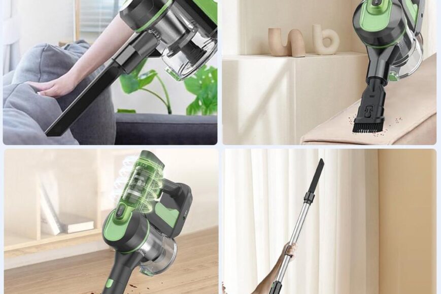 Afbeelding van een veelzijdige draadloze stofzuiger in gebruik, met een focus op het schoonmaken van meubels, vloeren en hoge oppervlakken. De stofzuiger heeft een groene en zwarte kleur en wordt getoond in verschillende posities om zijn functionaliteit te demonstreren.