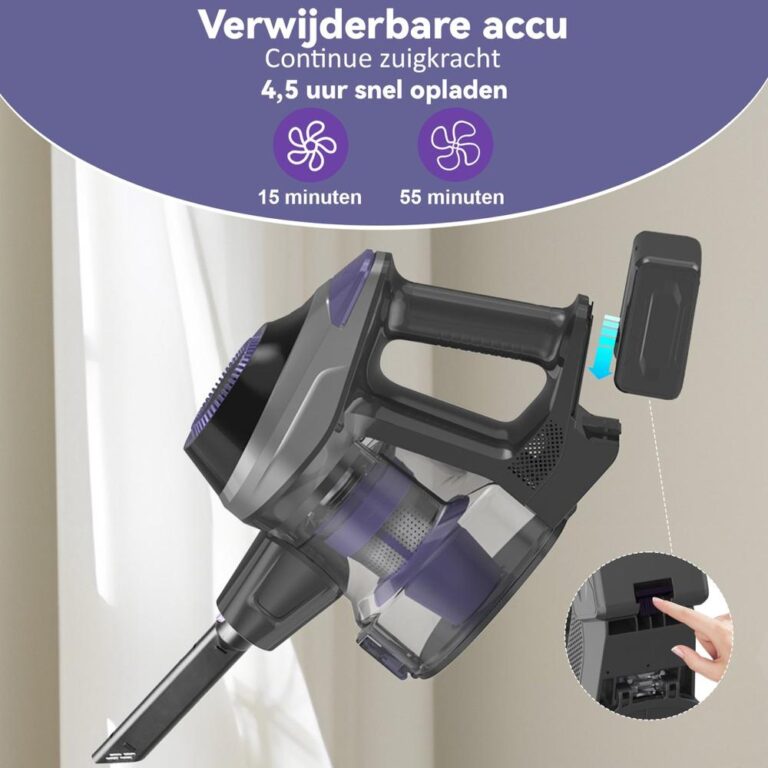 Afbeelding van een draadloze stofzuiger met een verwijderbare accu, die wordt opgeladen en klaar is voor gebruik. De stofzuiger heeft een moderne uitstraling en wordt ongeveer 4,5 uur snel opgeladen, met verschillende gebruiksduur opties van 15 en 55 minuten.
