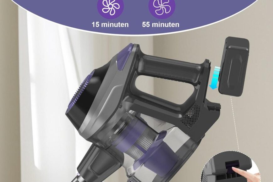 Afbeelding van een draadloze stofzuiger met een verwijderbare accu, die wordt opgeladen en klaar is voor gebruik. De stofzuiger heeft een moderne uitstraling en wordt ongeveer 4,5 uur snel opgeladen, met verschillende gebruiksduur opties van 15 en 55 minuten.