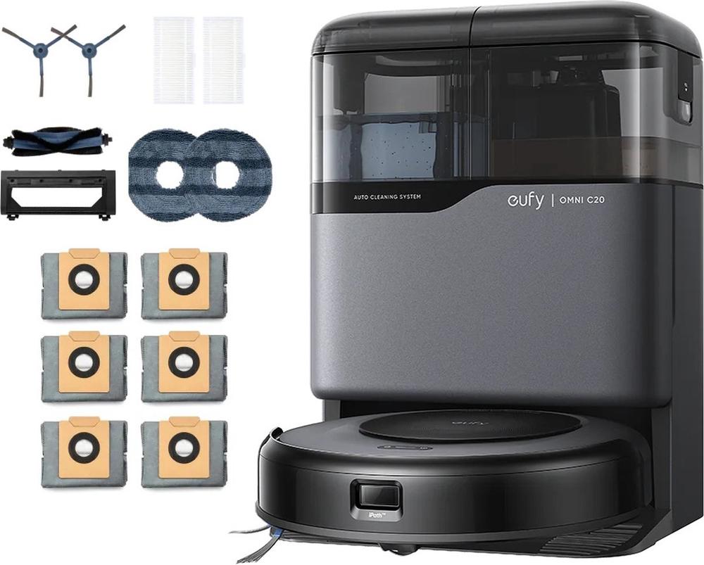 Afbeelding van een Eufy Omni C20 automatische stofzuiger, compleet met verschillende accessoires zoals borstels en reinigingsdoeken. De stofzuiger heeft een modern ontwerp met een transparante waterreservoir en is ontworpen voor efficiënt en autonoom schoonmaken.
