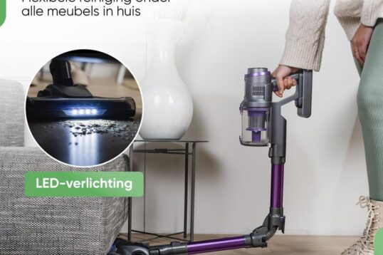 Afbeelding van een flexibele stofzuiger die gemakkelijk onder meubels kan reinigen. De stofzuiger is uitgerust met LED-verlichting en wordt gebruikt om vuil van de vloer te verwijderen.