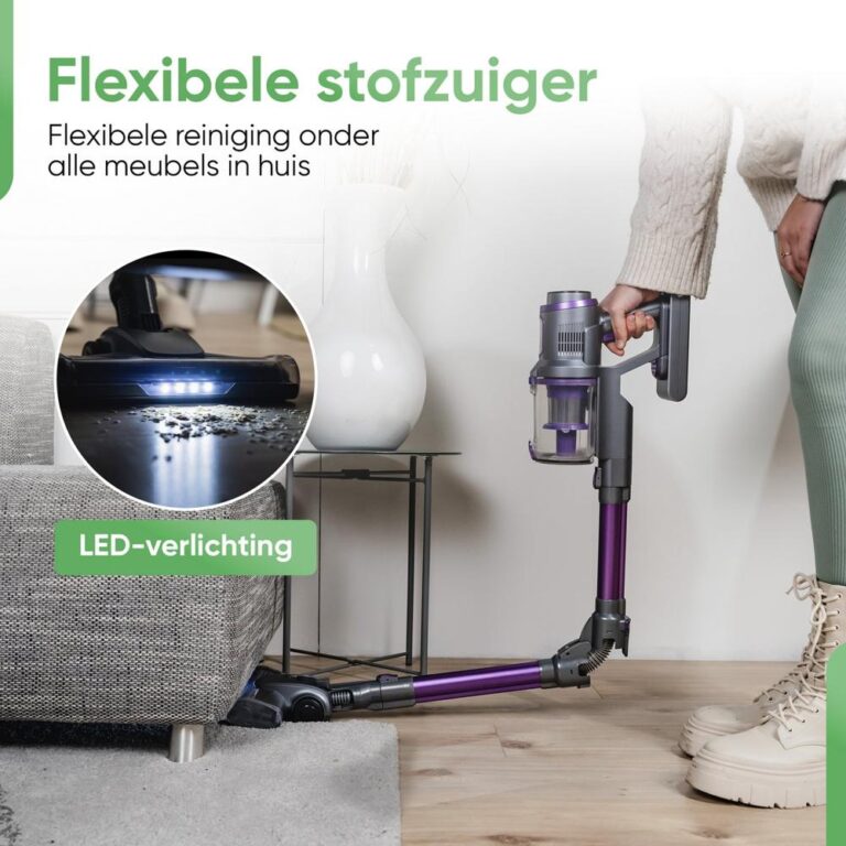 Afbeelding van een flexibele stofzuiger die gemakkelijk onder meubels kan reinigen. De stofzuiger is uitgerust met LED-verlichting en wordt gebruikt om vuil van de vloer te verwijderen.