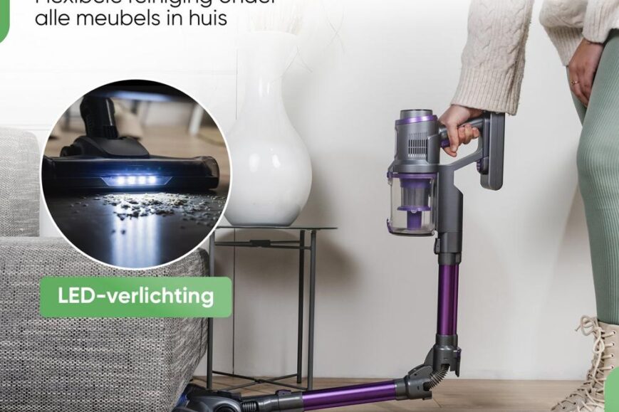 Afbeelding van een flexibele stofzuiger die gemakkelijk onder meubels kan reinigen. De stofzuiger is uitgerust met LED-verlichting en wordt gebruikt om vuil van de vloer te verwijderen.
