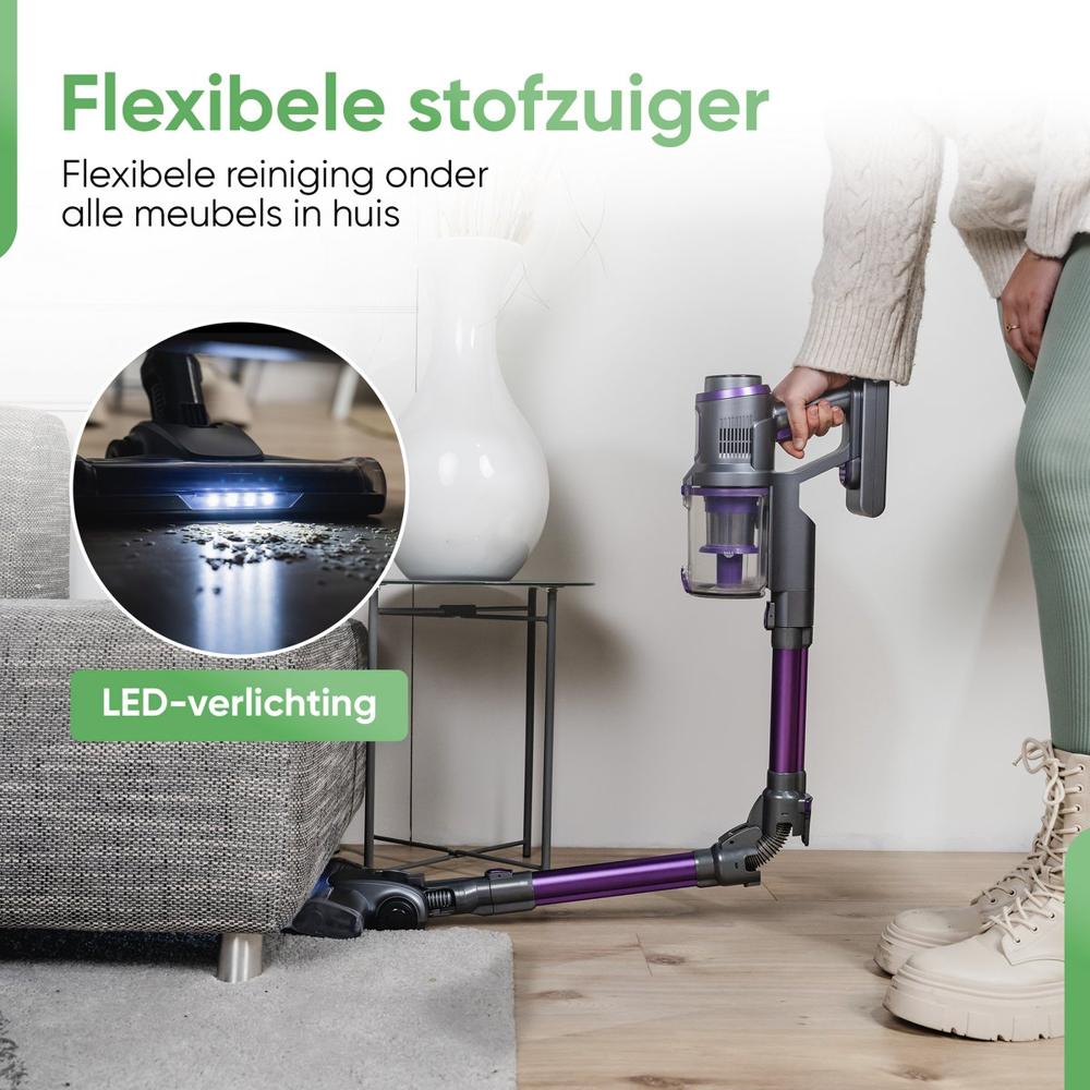 Afbeelding van een flexibele stofzuiger die gemakkelijk onder meubels kan reinigen. De stofzuiger is uitgerust met LED-verlichting en wordt gebruikt om vuil van de vloer te verwijderen.
