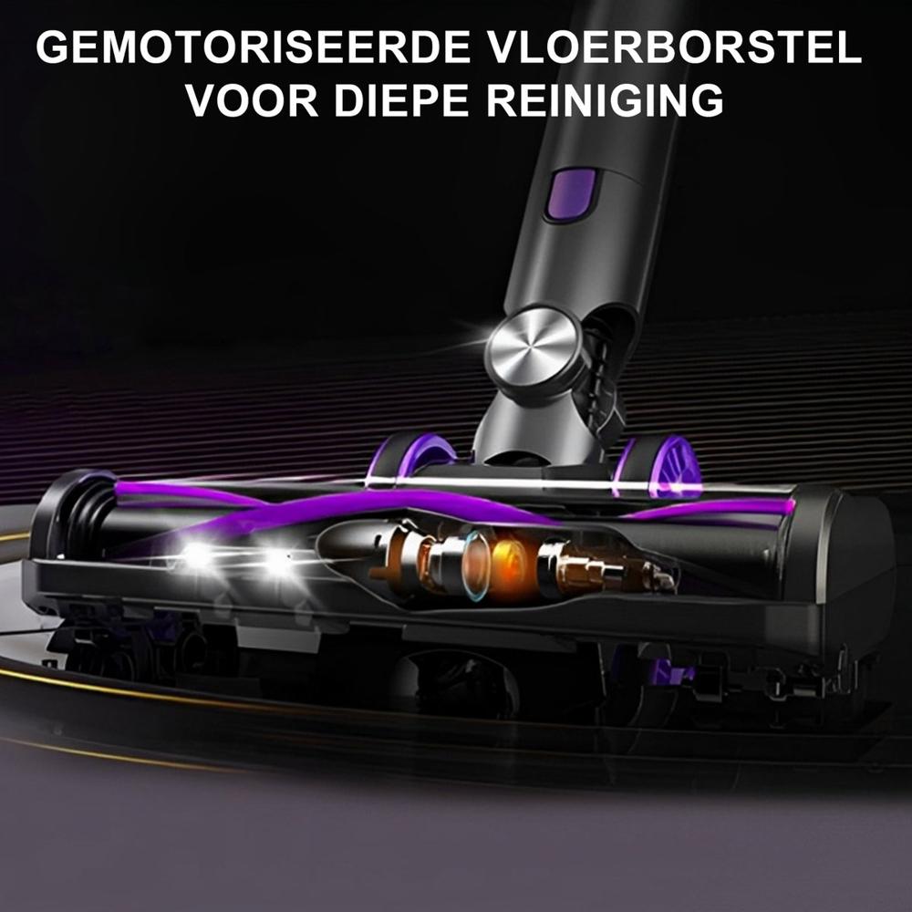 Afbeelding van een gemotoriseerde vloerstofzuigerborstel, ontworpen voor diepe reiniging. De borstel toont interne componenten met een focus op technologie en efficiëntie.