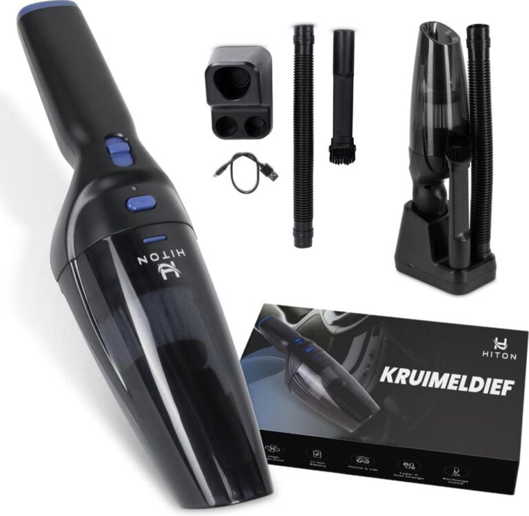 Afbeelding van een Hiton kruimeldief, inclusief het apparaat zelf, verschillende opzetstukken, en een USB-oplaadkabel. De producten zijn gepresenteerd naast de verpakking met de naam 'Kruimeldief' zichtbaar.