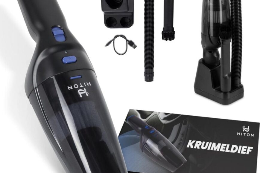 Afbeelding van een Hiton kruimeldief, inclusief het apparaat zelf, verschillende opzetstukken, en een USB-oplaadkabel. De producten zijn gepresenteerd naast de verpakking met de naam 'Kruimeldief' zichtbaar.