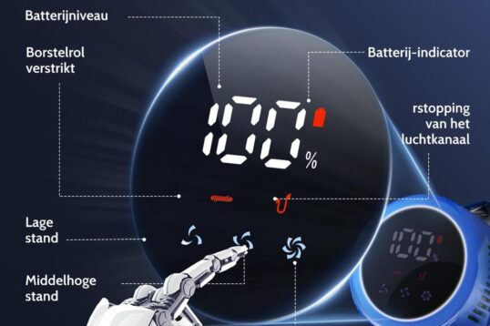 Afbeelding van een intelligent LED-display met een batterij-indicator die 100% aangeeft. Een robotachtige hand wijst naar verschillende luchtstandovergangen: lage stand, middelhoog en hoog.