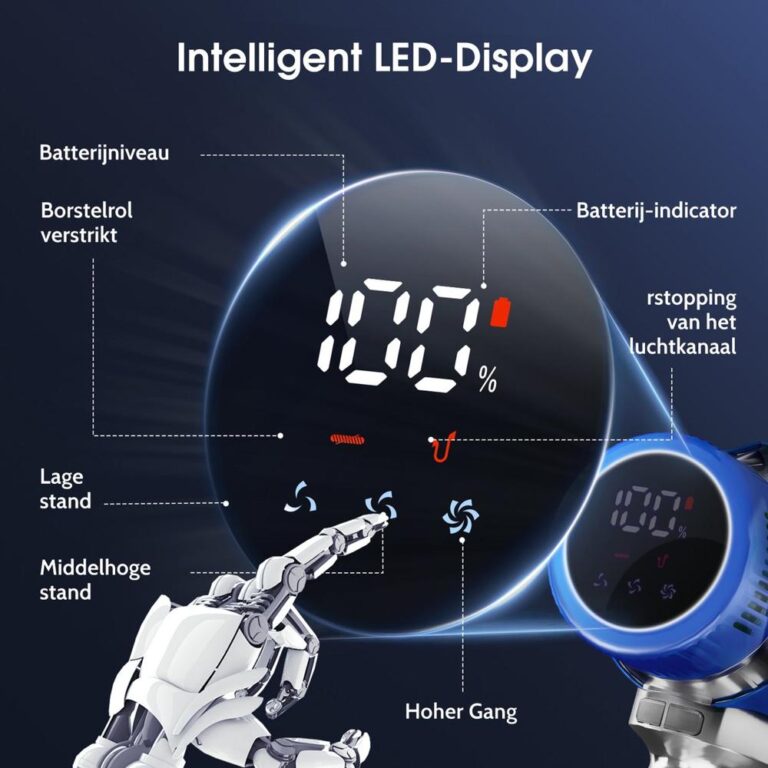 Afbeelding van een intelligent LED-display met een batterij-indicator die 100% aangeeft. Een robotachtige hand wijst naar verschillende luchtstandovergangen: lage stand, middelhoog en hoog.