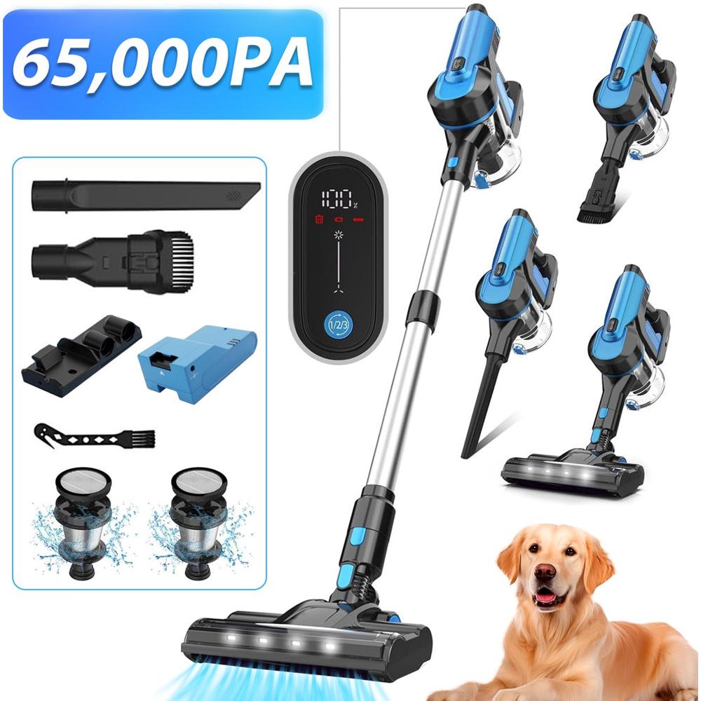 Afbeelding van een krachtige, draadloze stofzuiger met een zuigkracht van 65.000 PA, vergezeld van verschillende accessoires zoals een smal mondstuk en een borstel. Op de voorgrond zit een vrolijke hond, wat aangeeft dat het apparaat geschikt is voor huisdiereigenaren.