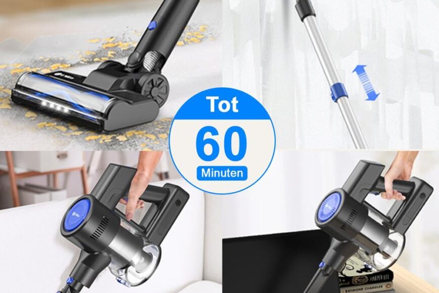 Afbeelding van een krachtige draadloze stofzuiger, met een oplaadtijd van tot 60 minuten, die verschillende accessoires toont voor het schoonmaken van meubels en moeilijk bereikbare plekken. De stofzuiger is afgebeeld in verschillende posities, waaronder het reinigen van een bank en een laptop, met extra aandacht voor gebruiksgemak.