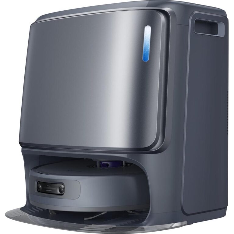 Een modern, robuust apparaat voor automatisering van schoonmaakwerkzaamheden, met een lichtblauwe indicator bovenop. Het heeft een afgeronde basis en een strak ontwerp in een grijze kleur, geschikt voor gebruik in huis.