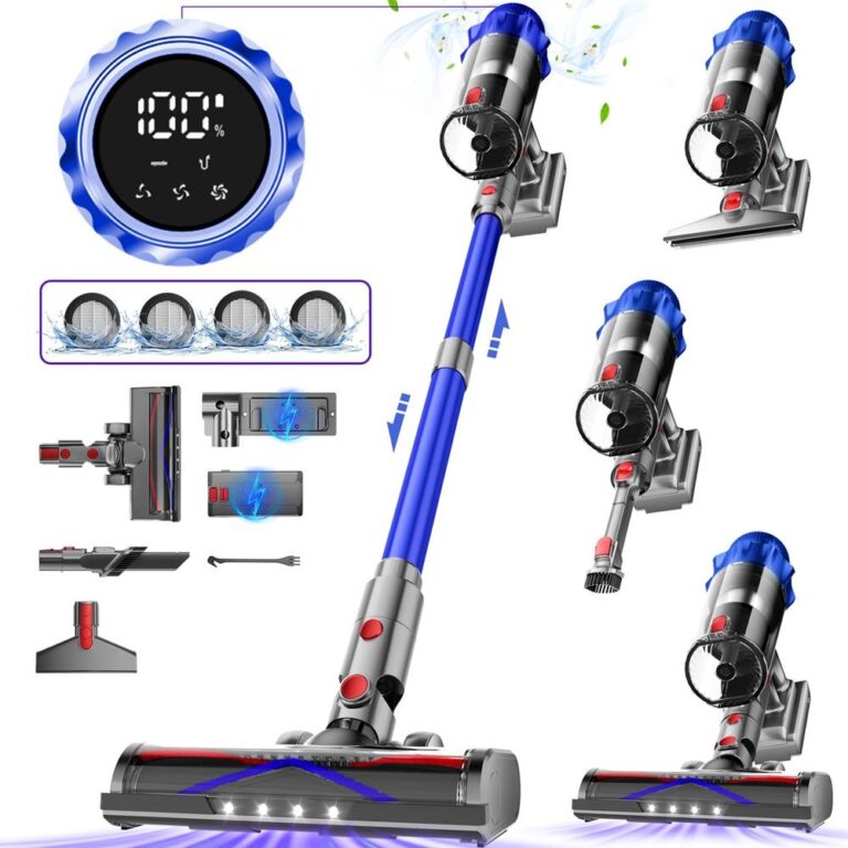Een modern, draadloos stofzuiger met een lange steel en diverse opzetstukken voor dieptereiniging. De afbeelding toont ook een digitaal display voor batterijstatus en een assortiment van accessoires voor verschillende schoonmaaktaken.