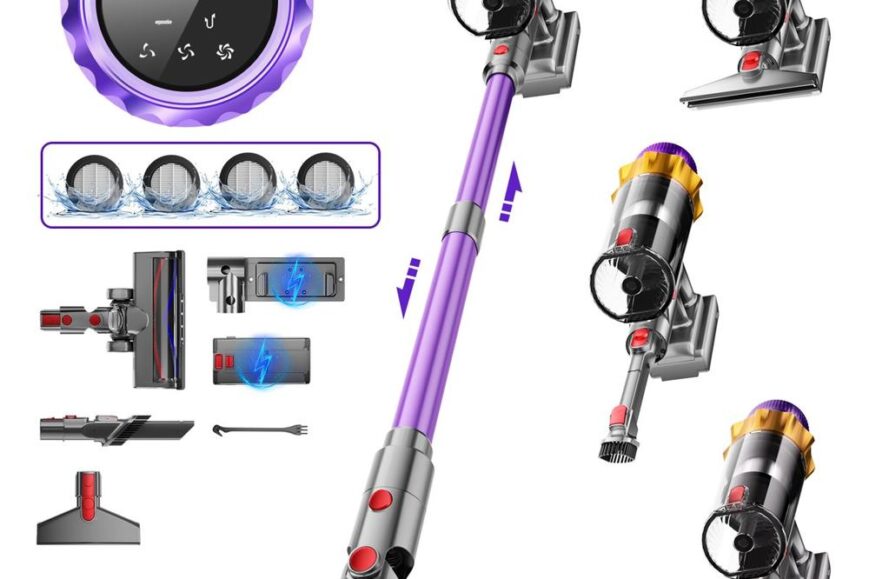 Een moderne, draadloze stofzuiger met een paarse steel en meerdere accessoires is afgebeeld. Het apparaat heeft een digitaal display dat het batterijpercentage aangeeft en verschillende opzetstukken voor het schoonmaken van diverse oppervlakken.