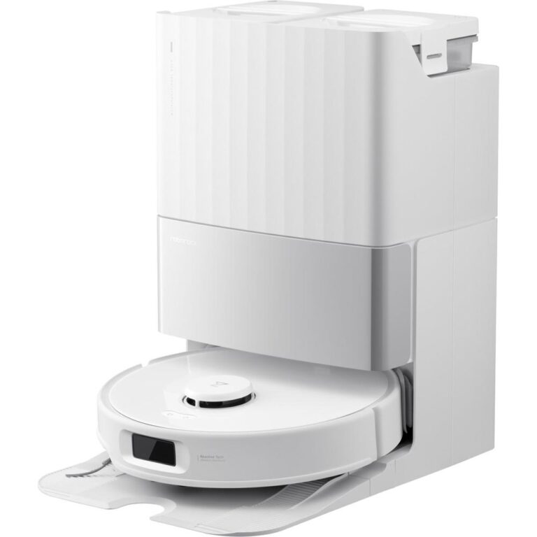Een moderne robott stofzuiger staat op een slimme oplaad- en zuigstation in een strakke, witte uitvoering. Het apparaat is ontworpen voor efficiënt en autonoom schoonmaken in elke woning.