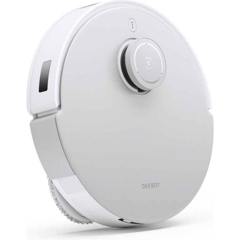 Een moderne, ronde robotstofzuiger in een witte afwerking. De stofzuiger heeft een centrale knop en diverse sensoren aan de bovenkant voor het navigeren door ruimtes.