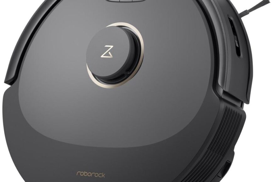 Afbeelding van een Roborock robotstofzuiger in een stijlvolle zwarte uitvoering. De stofzuiger heeft bedieningselementen aan de bovenkant en is ontworpen voor slimme en efficiënte reiniging van vloeren.