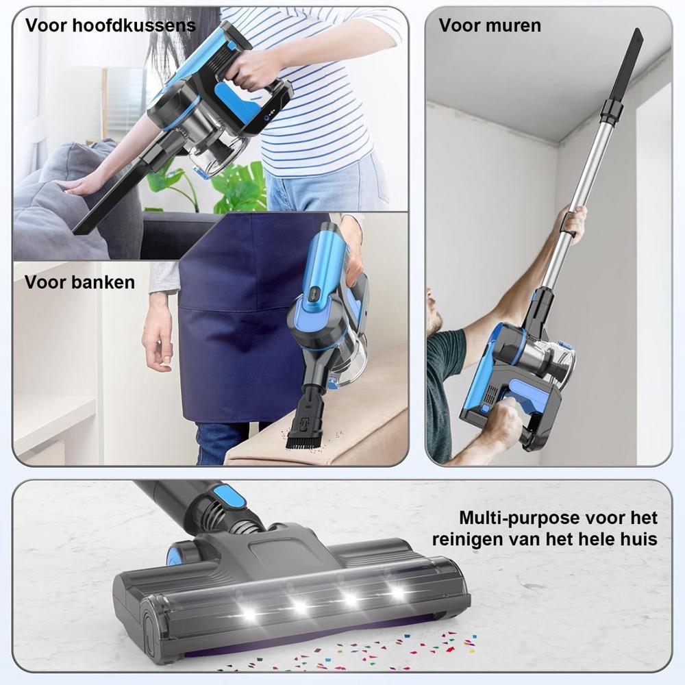 Afbeelding van een veelzijdige stofzuiger, geschikt voor verschillende oppervlakken zoals banken, muren en meubels. De afbeelding toont de stofzuiger in gebruik, met aandacht voor specifieke accessoires en functionaliteiten.