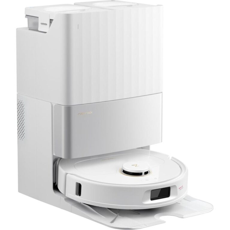 De afbeelding toont een witte robotstofzuiger met een compacte oplaadbasis, ontworpen voor automatische schoonmaak. Het apparaat heeft een modern en strak ontwerp met een stijlvol, rond oppervlak en een duidelijk zichtbaar bedieningspaneel.